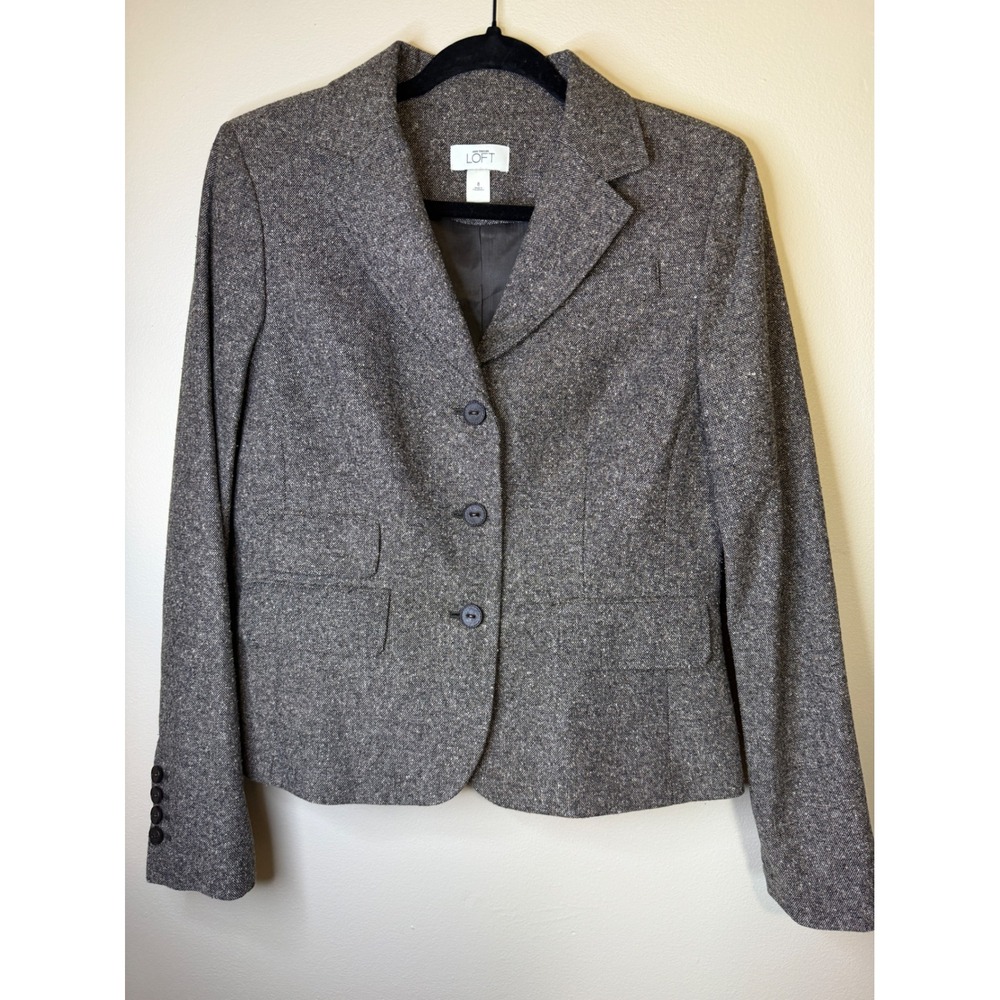 Ann Taylor LOFT Wool Silk Blend Tweed Blazer Jacket Brown Gray 3 Button Size 8